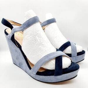 NWOT QLoxe Navy & Light Blue Colorblock Strappy Wedge Sandals Women's Size 8.5
